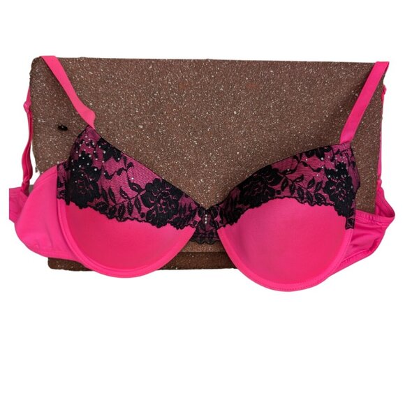 38 D Hot Pink Black Lace Underwire Rhinestone Detail - Picture 6 of 6